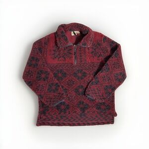 Woolrich Womens Small Red Black Pullover Fleece Sherpa USA Primitive AOP
